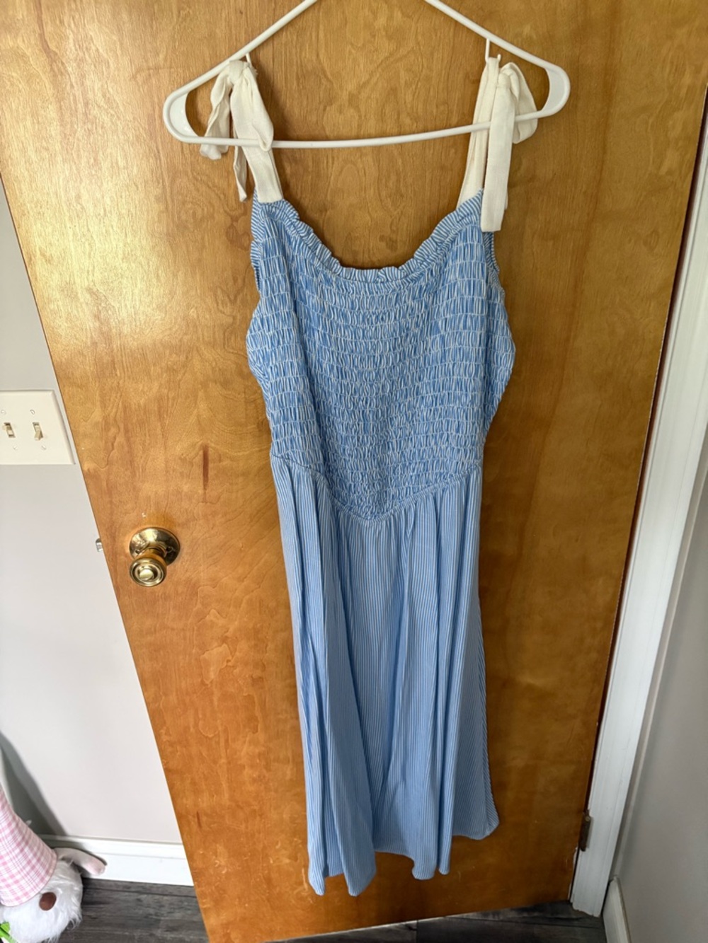 Sienna Sky Light Blue Smocked Midi Dress with Cream Tie Straps